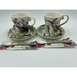 2-PC CORNER RUBY BOTANICAL COLLECTION COLIBRI TEA CUP  W BUTTERFLY SPOON SET N06